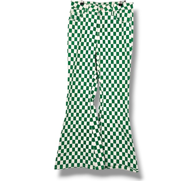 Green White Checkered Flare Jeans Womens Size 14 Checkerboard 90s Retro - Picture 1 of 10